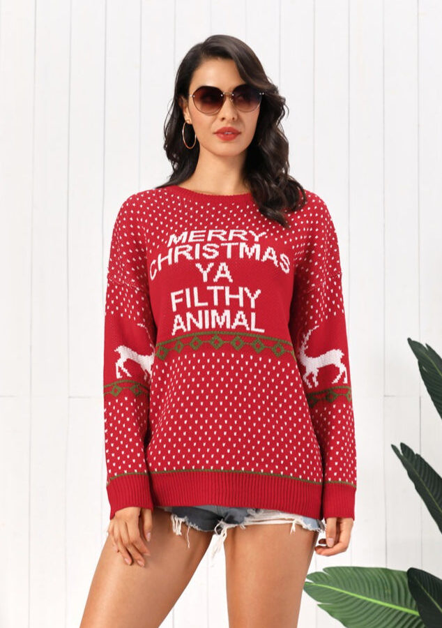 Deer Letter Xmas Dots Loose Sweater