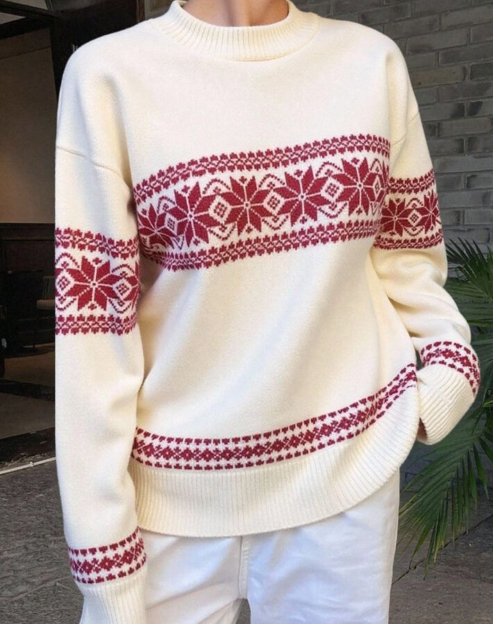 Minimalist Color Block Snowflake Stripe Sweater