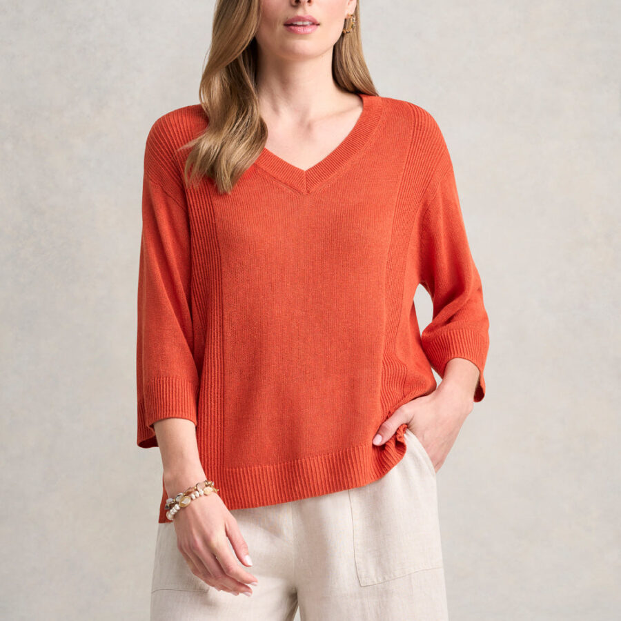 V-Neck Linen Knit - Burnt Orange