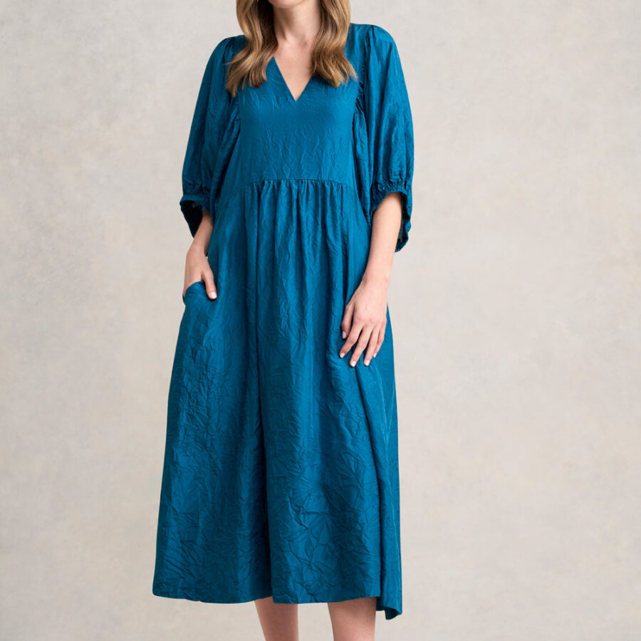 Gathered Sleeve Silk Dress - Teal