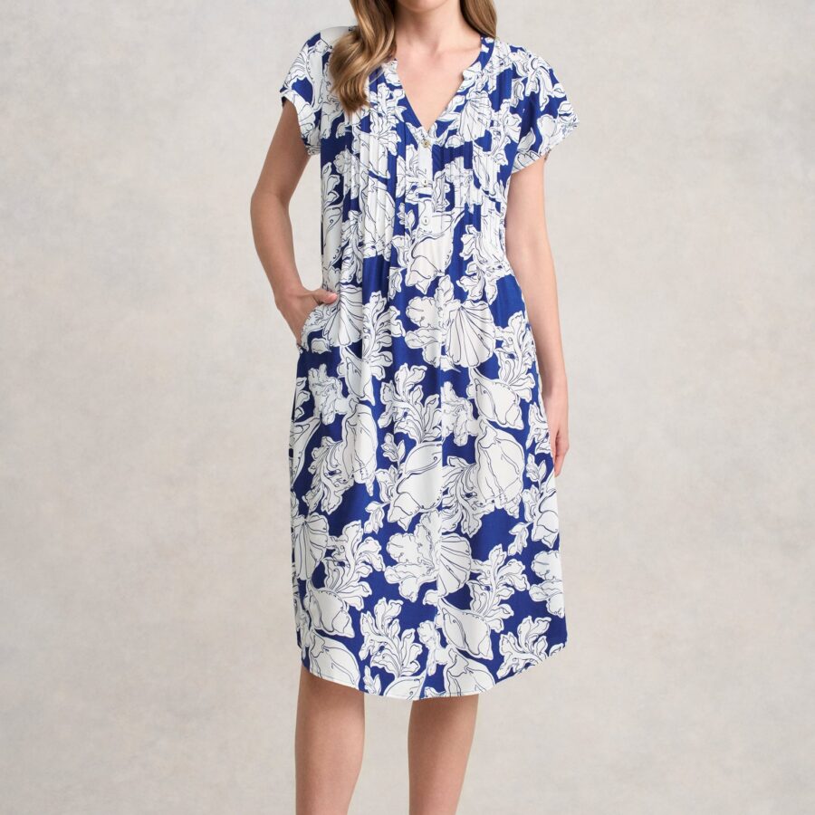 Pleat Front Midi Dress - Sea Shells Print