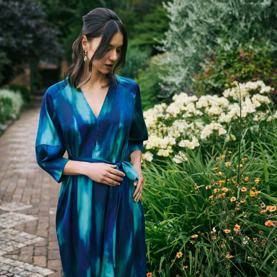 Cocoon Sleeve Printed Dress - Abstract Strokes