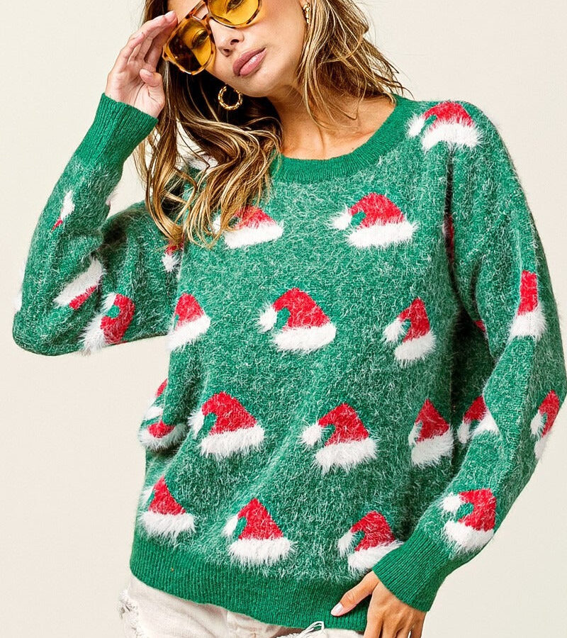 Color Block Santa Hat Fuzzy Embroidered Sweater