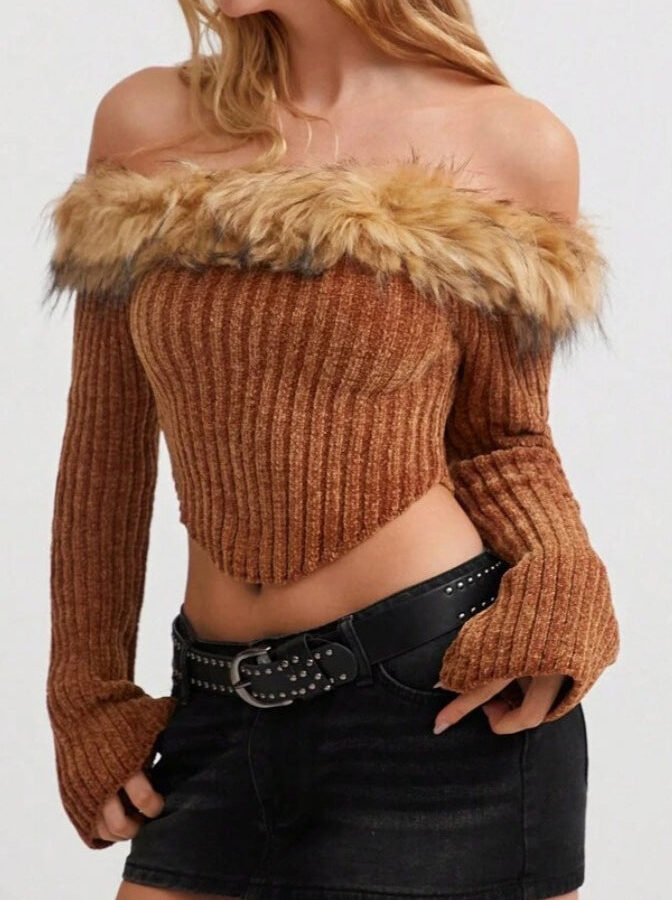 Off-the-Shoulder Fur Trim Slim Sweater