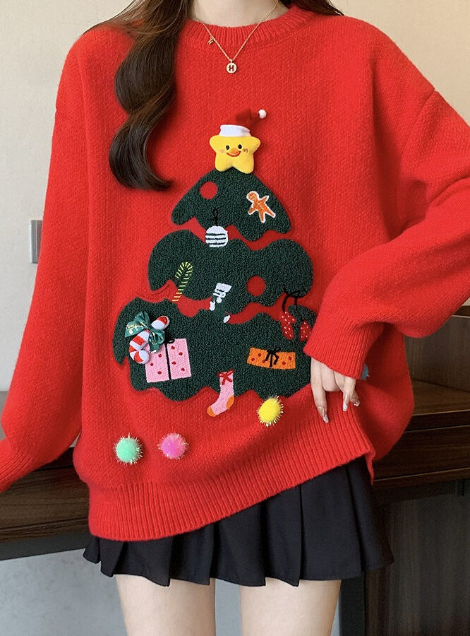 3D Pom Pom Tree Print Sweater