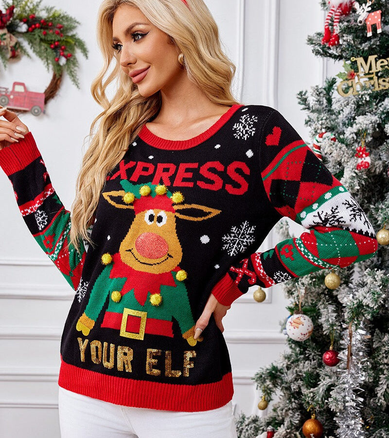 Moose 3D Pom Pom Sequin Crew Neck Sweater