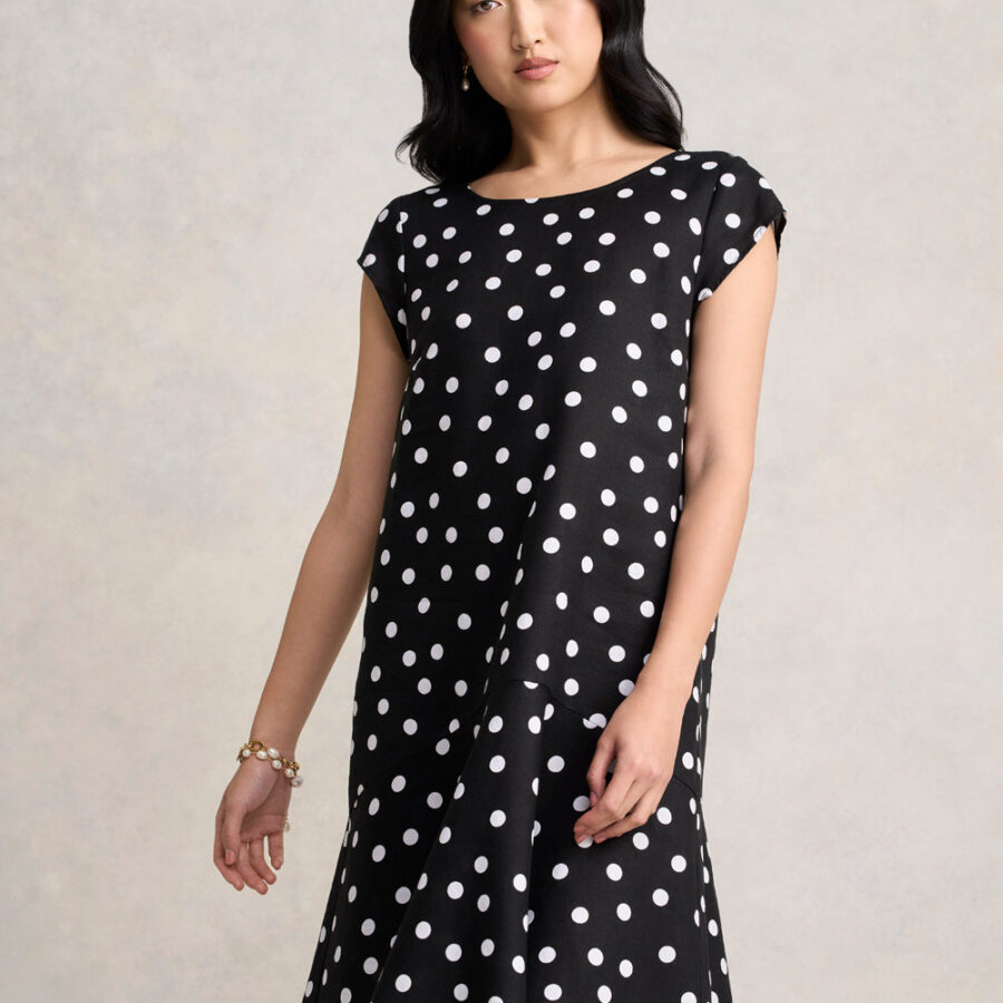 French Linen Sun Dress - Black Polka Dot