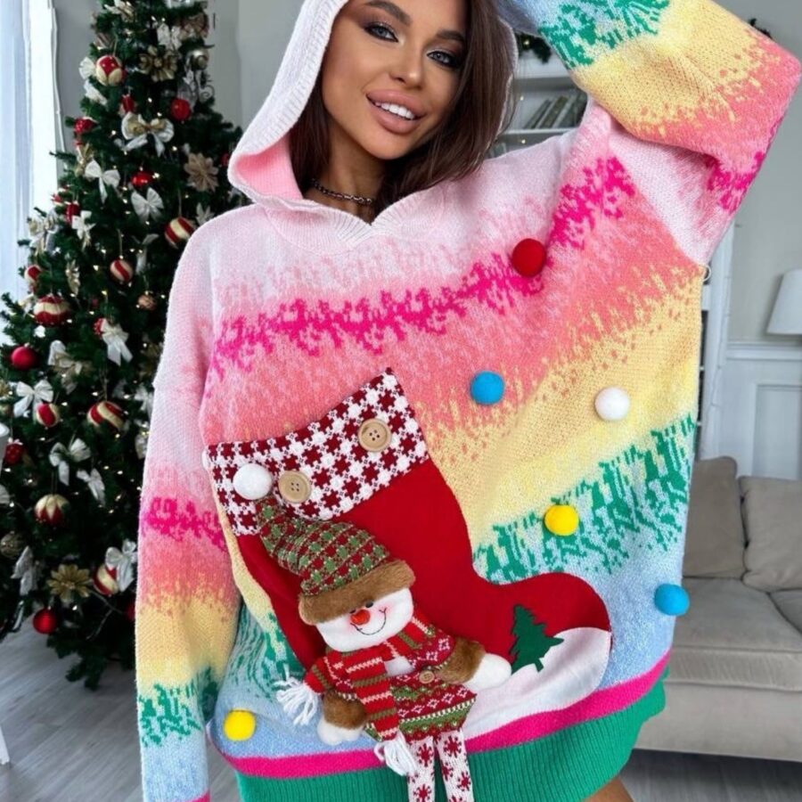 3D Snowman Hooded Pom Sweater