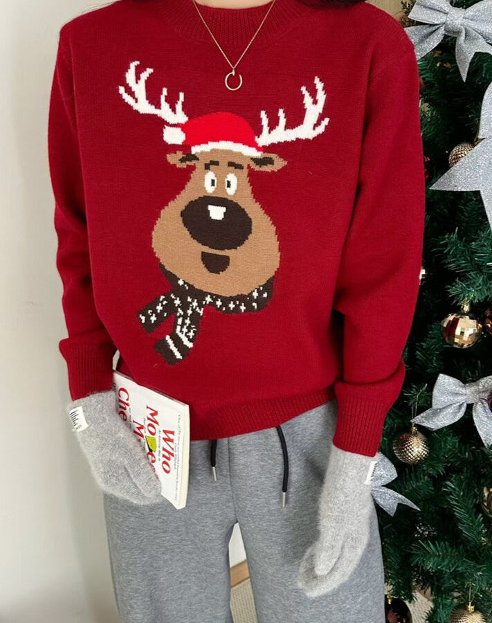 Crew Neck Color Block Deer Sweater